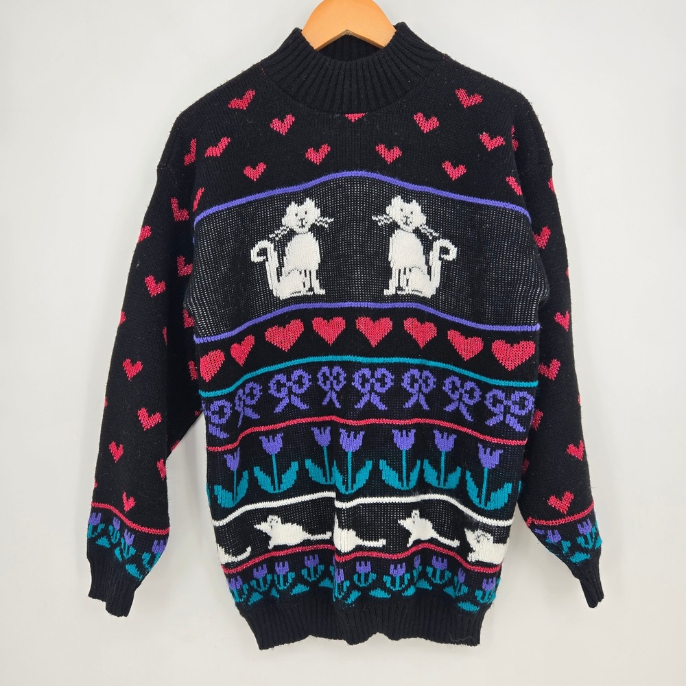 Vtg 80s/90s Adele Knitwear Cat Mouse Sweater Size 12 USA Black Cute Winter